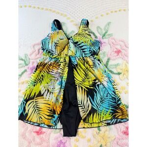 D&Co. Beach Tropical Palm Print Swim Dress One Piece Swimsuit Blue Yellow Size 4